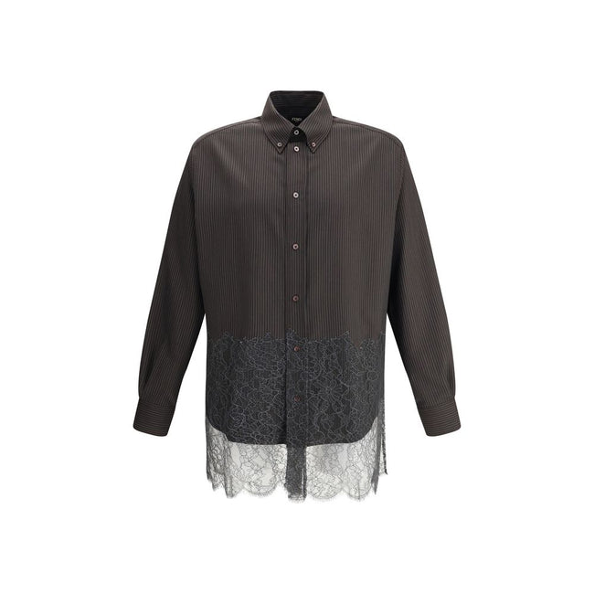 Brown Fleece Wool Pattern ShirtThe pinstripe Wool and Lace Shirt by Fendi blends sartorial rigor with delicate femininity. Designed with long sleeves and a button-down collar, it features exposed mother-of-pearl buttons that highlight its refined craftsma