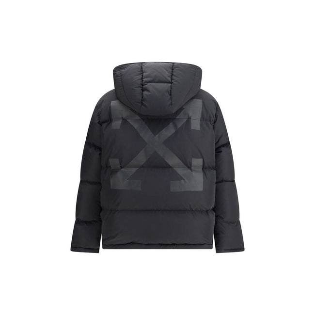 Black Polyester Full-Length JacketThe Off-White Diagonal Arrow Down Jacket blends urban aesthetics with modern functionality. Designed with a quilted, voluminous silhouette, it features long sleeves, a protective turtleneck, and a practical front zip clos