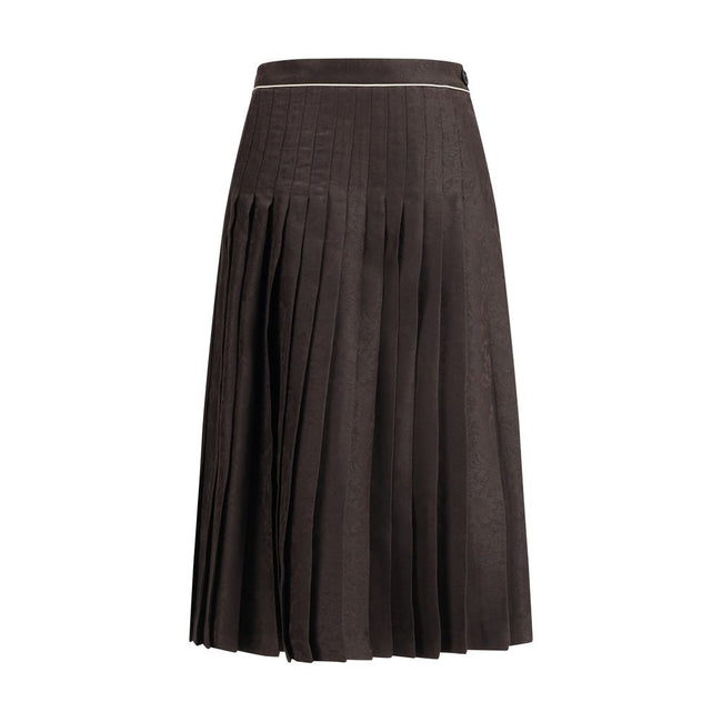 Brown Silk Midi SkirtThe Sunflower Pleated Silk Skirt by Burberry is a wrap piece that seamlessly blends heritage and modernity. Crafted from silk jacquard, it showcases William Morris’ Sunflower artwork from 1879, held at the Victoria and Albert Museum i