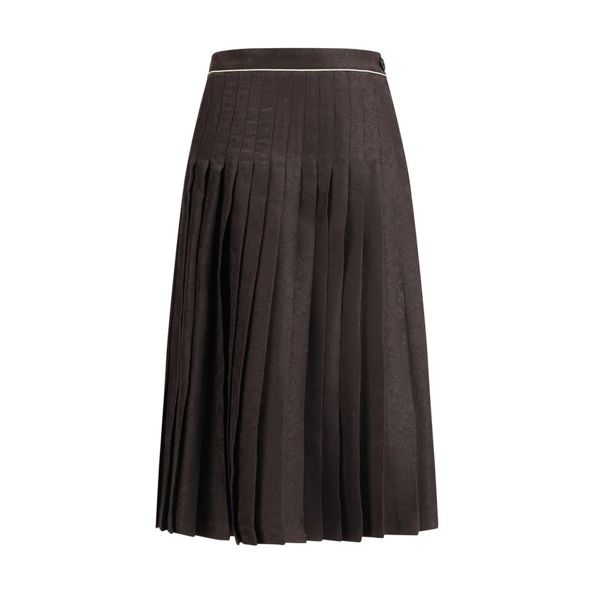 Brown Silk Midi SkirtThe Sunflower Pleated Silk Skirt by Burberry is a wrap piece that seamlessly blends heritage and modernity. Crafted from silk jacquard, it showcases William Morris’ Sunflower artwork from 1879, held at the Victoria and Albert Museum i