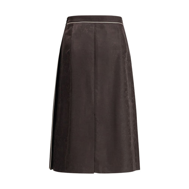 Brown Silk Midi SkirtThe Sunflower Pleated Silk Skirt by Burberry is a wrap piece that seamlessly blends heritage and modernity. Crafted from silk jacquard, it showcases William Morris’ Sunflower artwork from 1879, held at the Victoria and Albert Museum i