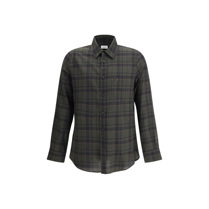 Green Cotton Pattern ShirtThe checked Shirt by Saint Laurent blends timeless tailoring with a modern edge. Crafted in soft cotton, it features a pointed collar and a chest patch pocket embroidered with the iconic Cassandre logo. A front button closure, si