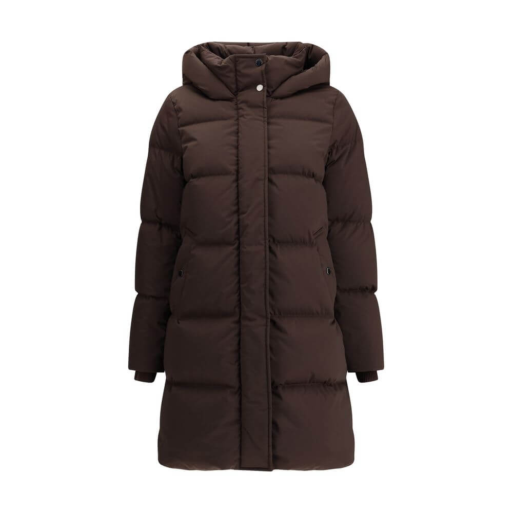 Brown Goose Down ParkaThe Kelly Down Jacket by Woolrich combines practicality and contemporary style. Featuring elastic cuffs and a hood, it features a front zipper and button closure, zippered side slits and two welt pockets. The padded and quilted desig