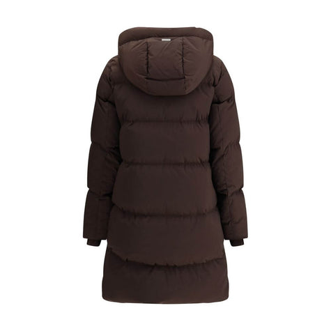 Brown Goose Down ParkaThe Kelly Down Jacket by Woolrich combines practicality and contemporary style. Featuring elastic cuffs and a hood, it features a front zipper and button closure, zippered side slits and two welt pockets. The padded and quilted desig