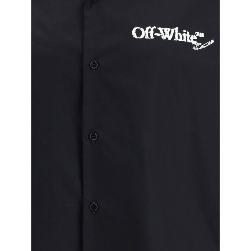 Black Cotton Pattern ShirtThe Off-White™ bowling Shirt in Poplin reimagines a menswear classic through the brand’s signature urban lens. Featuring a classic collar and front button closure, the piece is defined by the bold painted arrow print on the back,