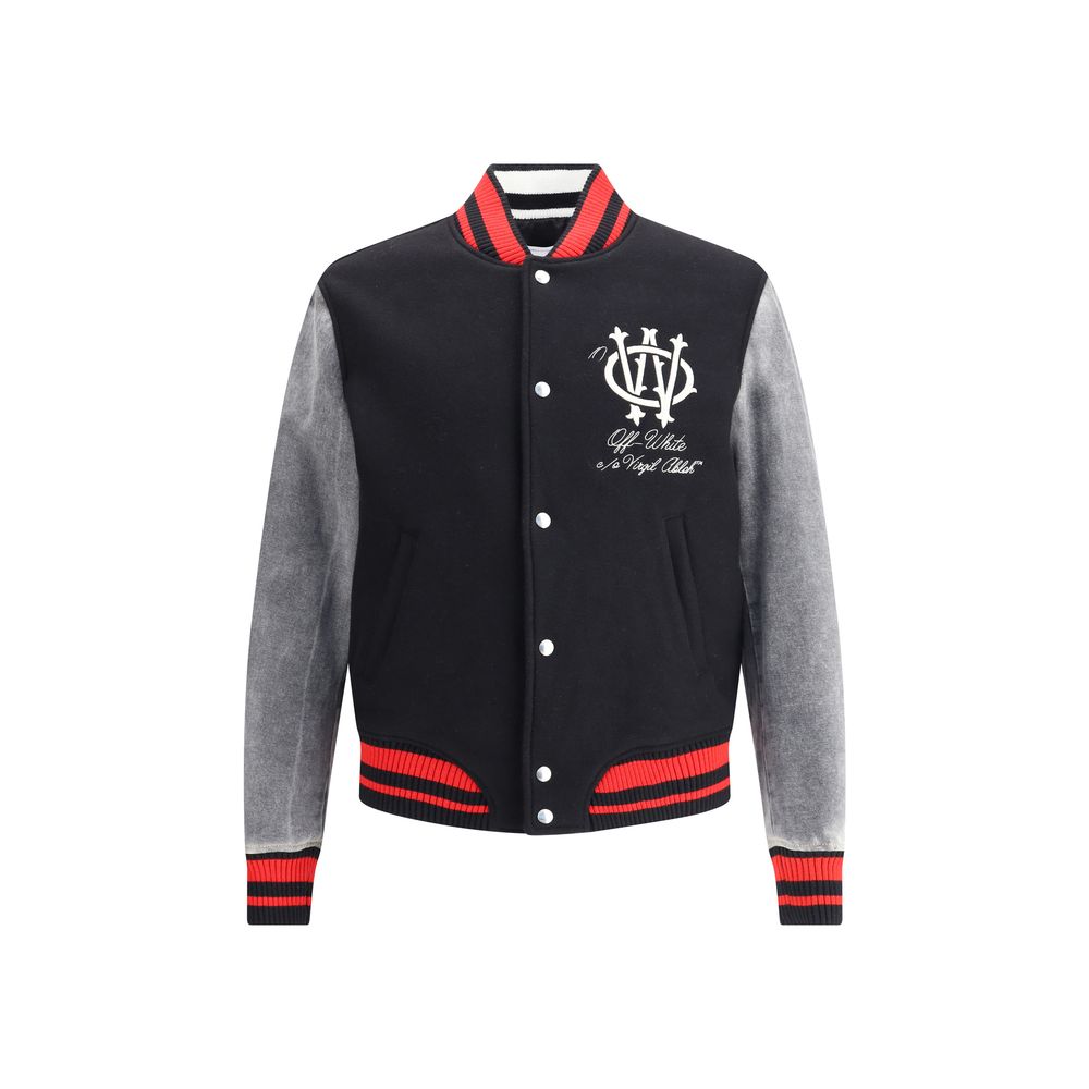 Black Fleece Wool Jackets And CoatThe Gothic OW Wool Varsity Jacket by Off-White redefines collegiate style with a modern urban twist. Featuring a ribbed collar, snap-button front closure, and side welt pockets, the jacket stands out for its contrast faux