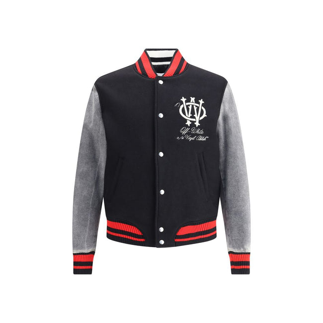 Black Fleece Wool Jackets And CoatThe Gothic OW Wool Varsity Jacket by Off-White redefines collegiate style with a modern urban twist. Featuring a ribbed collar, snap-button front closure, and side welt pockets, the jacket stands out for its contrast faux