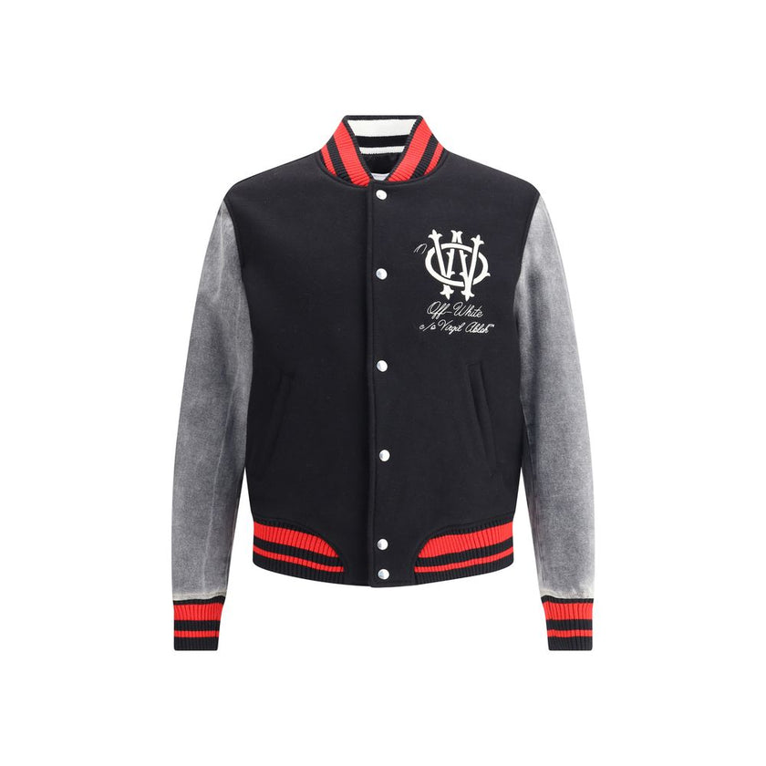 Black Fleece Wool Jackets And CoatThe Gothic OW Wool Varsity Jacket by Off-White redefines collegiate style with a modern urban twist. Featuring a ribbed collar, snap-button front closure, and side welt pockets, the jacket stands out for its contrast faux