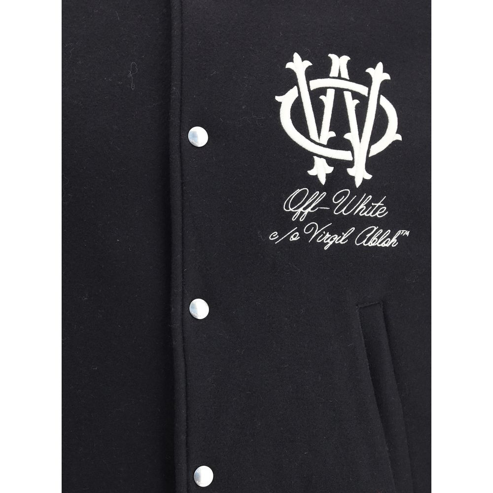 Black Fleece Wool Jackets And CoatThe Gothic OW Wool Varsity Jacket by Off-White redefines collegiate style with a modern urban twist. Featuring a ribbed collar, snap-button front closure, and side welt pockets, the jacket stands out for its contrast faux