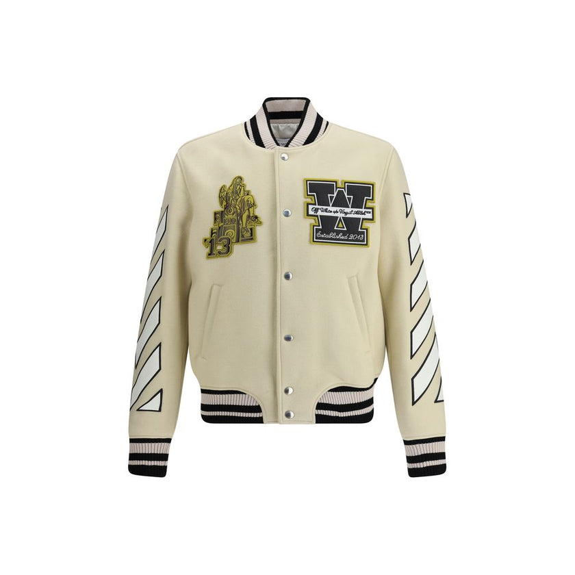 Cream Polyamide BomberThe Lion Wool Varsity Jacket by Off-White blends urban sophistication with bold detailing. Crafted from a premium wool blend, it features a structured silhouette with snap-button closure. The embroidered patches at the front and the