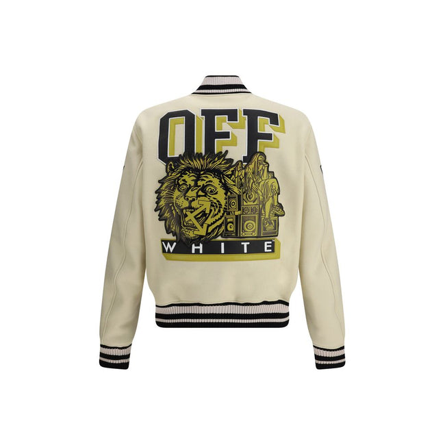 Cream Polyamide BomberThe Lion Wool Varsity Jacket by Off-White blends urban sophistication with bold detailing. Crafted from a premium wool blend, it features a structured silhouette with snap-button closure. The embroidered patches at the front and the