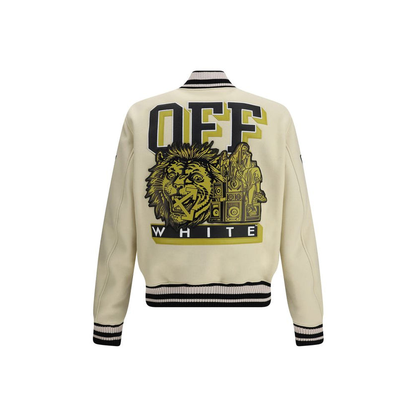Cream Polyamide BomberThe Lion Wool Varsity Jacket by Off-White blends urban sophistication with bold detailing. Crafted from a premium wool blend, it features a structured silhouette with snap-button closure. The embroidered patches at the front and the