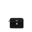 Black Polyamide Shoulder BagNylon Shoulder Bag by Prada, adjustable and removable shoulder strap with embroidered brand signature, removable mini pouch with zipper, triangular brand monogram plaque applied embossed on pouch, front push lock closure, iconi