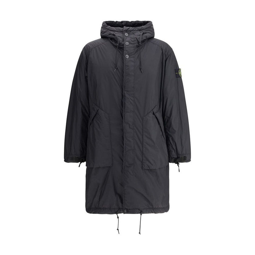 Long Down JacketStone Island’s long Down Jacket combines protection and style in a functional design. Featuring an adjustable drawstring hood and front zipper and snap-button closure, it has two maxi patch pockets on the front and an adjustable hem for a