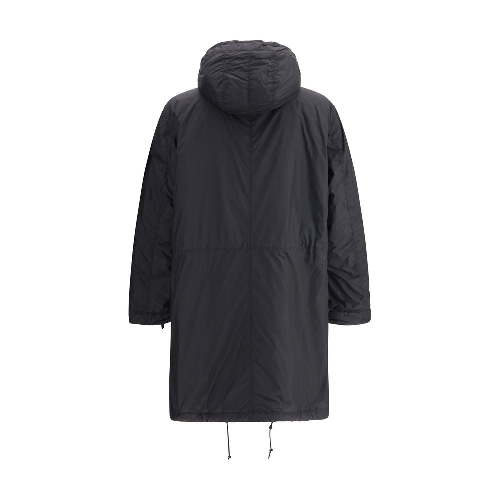 Long Down JacketStone Island’s long Down Jacket combines protection and style in a functional design. Featuring an adjustable drawstring hood and front zipper and snap-button closure, it has two maxi patch pockets on the front and an adjustable hem for a