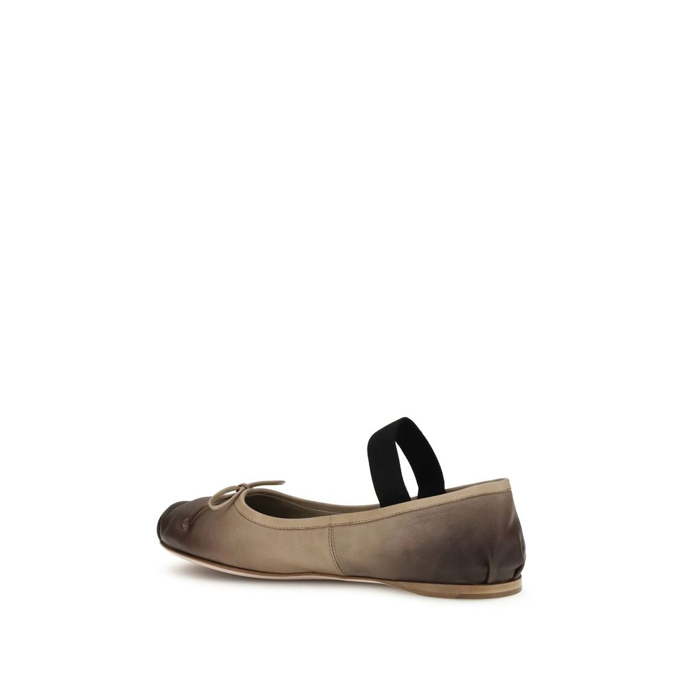Brown Calf Leather Bos Taurus Ballet FlatsLeather Ballerinas by Miu Miu combine romantic elegance and contemporary style. The bow on the upper and the elastic waistband with knitted logo add a feminine and distinctive touch. The leather sole with rubber h