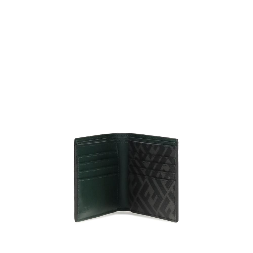 Black Calf Leather Bos Taurus WalletLeather Wallet by Fendi with an elegant and functional design, featuring the classic bifold model. The front is decorated with the three-dimensional plaque of the iconic FF logo, while the back features the contrasting