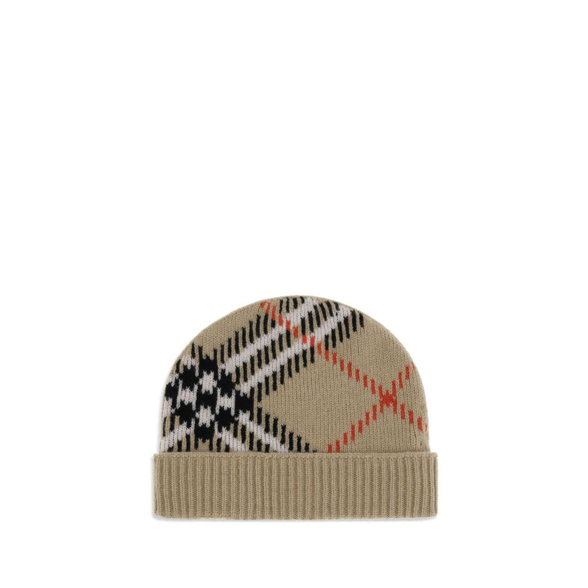 Beige Cashmere BeanieCashmere blend Check beanie Hat by Burberry is a refined accessory that combines comfort and iconic style. Made from a soft cashmere blend, it features the classic Burberry Check pattern worked in jacquard. Ribbed trim completes the d