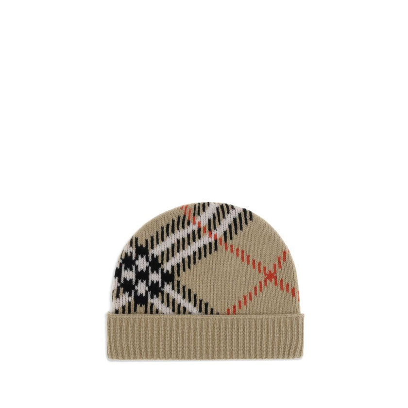 Beige Cashmere BeanieCashmere blend Check beanie Hat by Burberry is a refined accessory that combines comfort and iconic style. Made from a soft cashmere blend, it features the classic Burberry Check pattern worked in jacquard. Ribbed trim completes the d