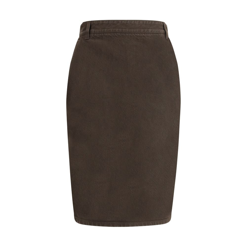 Brown Denim SkirtThe Denim Pencil Skirt by Saint Laurent combines practicality with contemporary style in an essential piece. Crafted from certified cotton, it features a mid-rise waist with belt loops, a back vent for ease of movement, and a fitted silho
