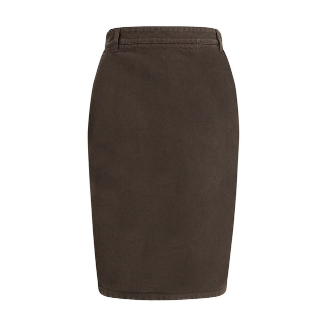 Brown Denim SkirtThe Denim Pencil Skirt by Saint Laurent combines practicality with contemporary style in an essential piece. Crafted from certified cotton, it features a mid-rise waist with belt loops, a back vent for ease of movement, and a fitted silho