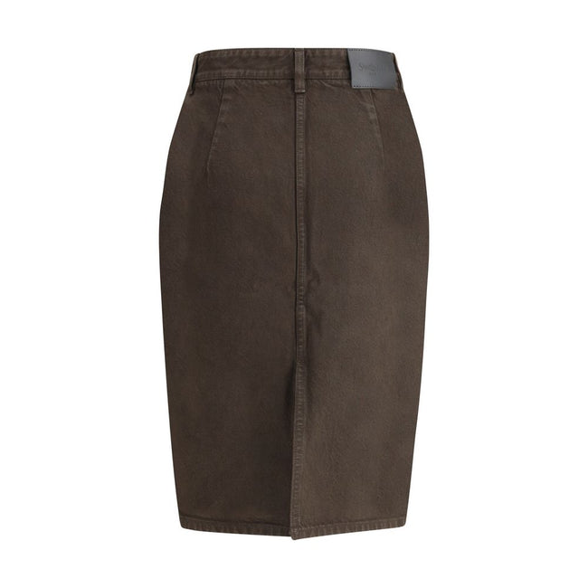Brown Denim SkirtThe Denim Pencil Skirt by Saint Laurent combines practicality with contemporary style in an essential piece. Crafted from certified cotton, it features a mid-rise waist with belt loops, a back vent for ease of movement, and a fitted silho