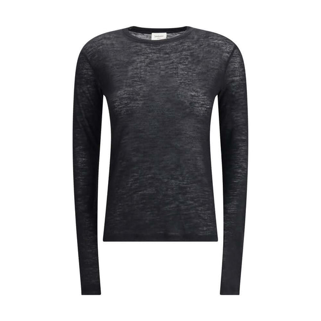 Black Cashmere Long Sleeve T-ShirtThe short-sleeved T-shirt in Cashmere and Silk by Saint Laurent is an essential piece that expresses refinement through simplicity. Featuring a classic crew neck and clean lines, it embraces the silhouette with the lightn