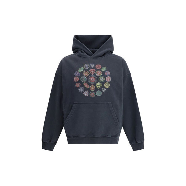 Black Cotton SweatshirtThe Spiral Crest Hoodie by Balenciaga in dry fleece redefines streetwear with a bold graphic accent. Designed with a medium fit, it features a hood without drawstrings, relaxed shoulders, and a front kangaroo pocket. The gathered cu