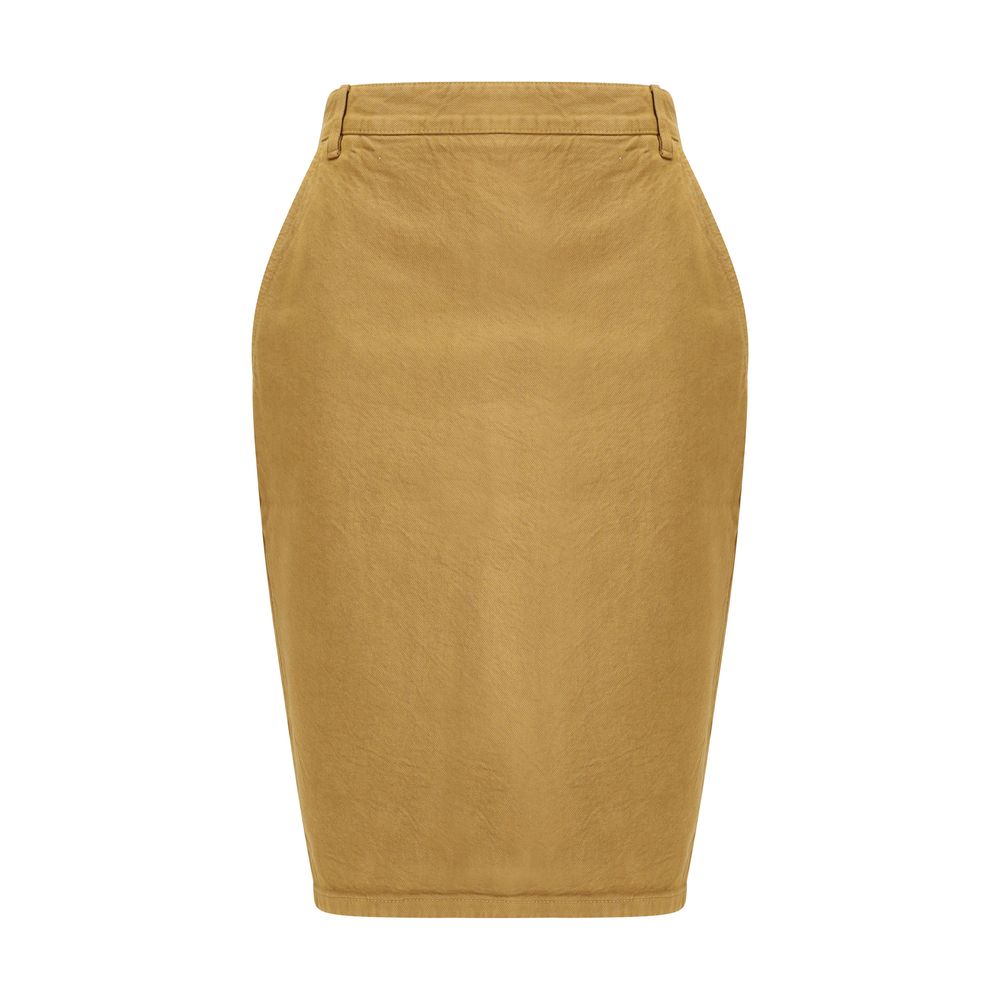 Beige Denim SkirtThe Denim Pencil Skirt by Saint Laurent combines practicality with contemporary style in an essential piece. Crafted from certified cotton, it features a mid-rise waist with belt loops, a back vent for ease of movement, and a fitted silho