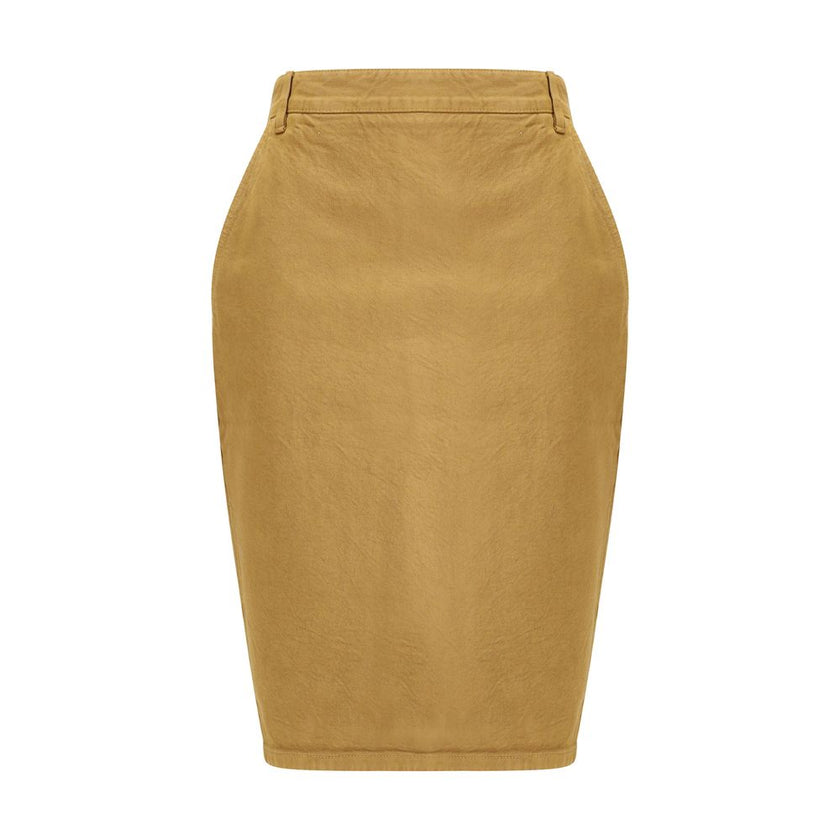 Beige Denim SkirtThe Denim Pencil Skirt by Saint Laurent combines practicality with contemporary style in an essential piece. Crafted from certified cotton, it features a mid-rise waist with belt loops, a back vent for ease of movement, and a fitted silho