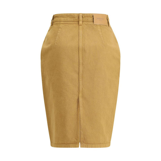 Beige Denim SkirtThe Denim Pencil Skirt by Saint Laurent combines practicality with contemporary style in an essential piece. Crafted from certified cotton, it features a mid-rise waist with belt loops, a back vent for ease of movement, and a fitted silho
