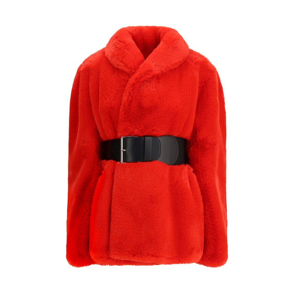 Red Polyester CoatThe Wrap Faux Fur Coat by Balenciaga envelops the silhouette with bold, contemporary elegance. Made from recycled polyester with a faux fur effect, it blends luxury with a sustainable spirit. The design features a straight collar and lon