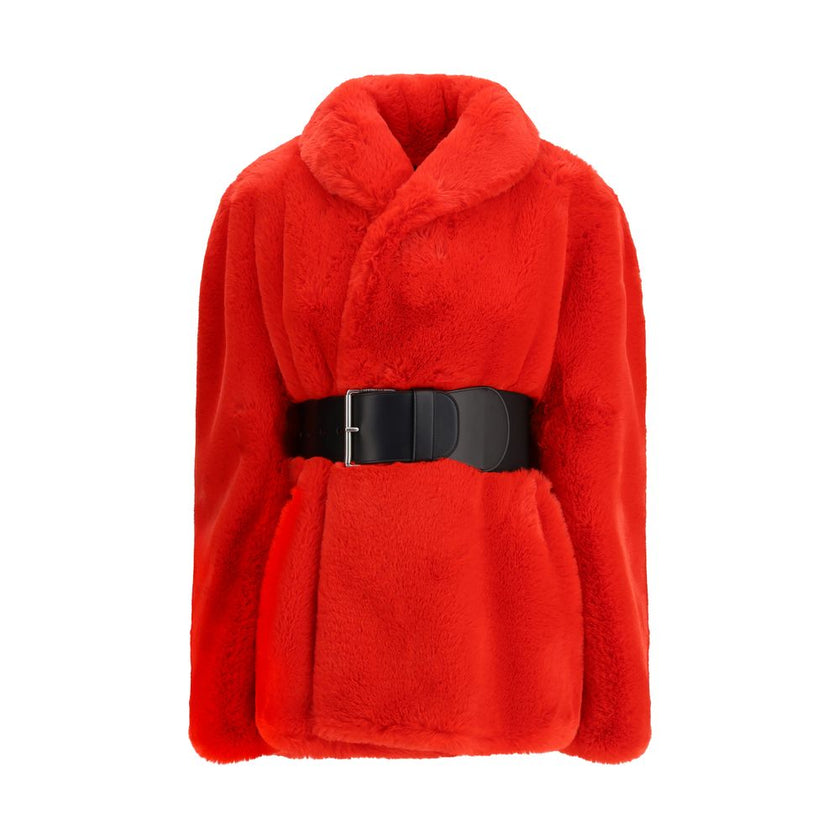 Red Polyester CoatThe Wrap Faux Fur Coat by Balenciaga envelops the silhouette with bold, contemporary elegance. Made from recycled polyester with a faux fur effect, it blends luxury with a sustainable spirit. The design features a straight collar and lon