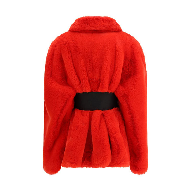 Red Polyester CoatThe Wrap Faux Fur Coat by Balenciaga envelops the silhouette with bold, contemporary elegance. Made from recycled polyester with a faux fur effect, it blends luxury with a sustainable spirit. The design features a straight collar and lon