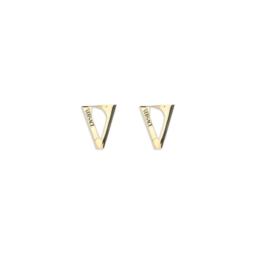 Gold Metal EarringsThe V drop Earrings by Versace feature a V-shaped design with the Versace logo enamel-engraved on both sides. They are equipped with Versace logo engraving and a spring closure. Season: AW25 Composition: 100% Metal Metallic Metallised M