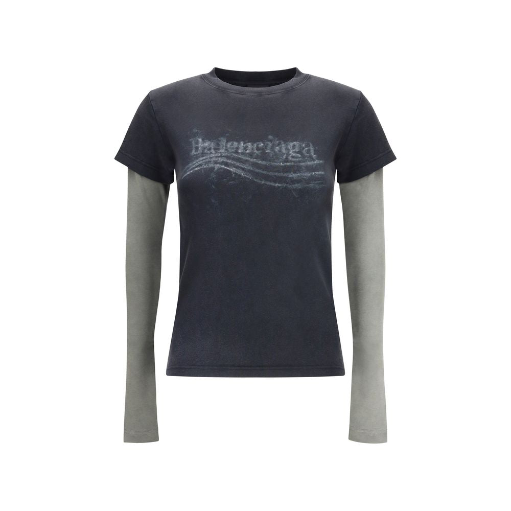Black Cotton SportswearThe Washed Crayon Political Double-Sleeve T-Shirt by Balenciaga reimagines layering through a refined trompe-l’œil effect. Crafted from stretch interlock jersey with a washed finish, it mimics a short-sleeve tee layered over a long-