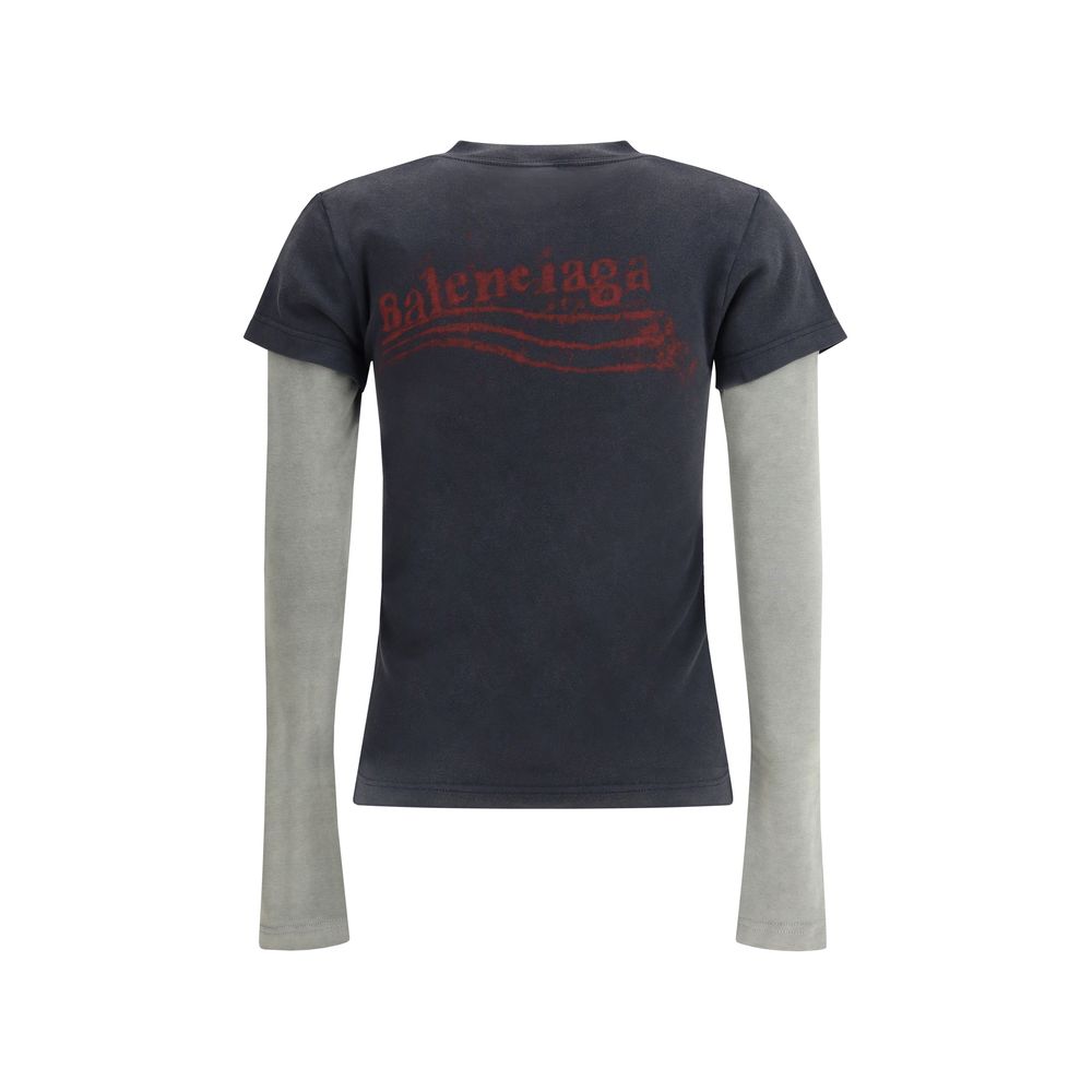 Black Cotton SportswearThe Washed Crayon Political Double-Sleeve T-Shirt by Balenciaga reimagines layering through a refined trompe-l’œil effect. Crafted from stretch interlock jersey with a washed finish, it mimics a short-sleeve tee layered over a long-
