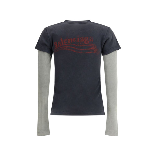 Black Cotton SportswearThe Washed Crayon Political Double-Sleeve T-Shirt by Balenciaga reimagines layering through a refined trompe-l’œil effect. Crafted from stretch interlock jersey with a washed finish, it mimics a short-sleeve tee layered over a long-