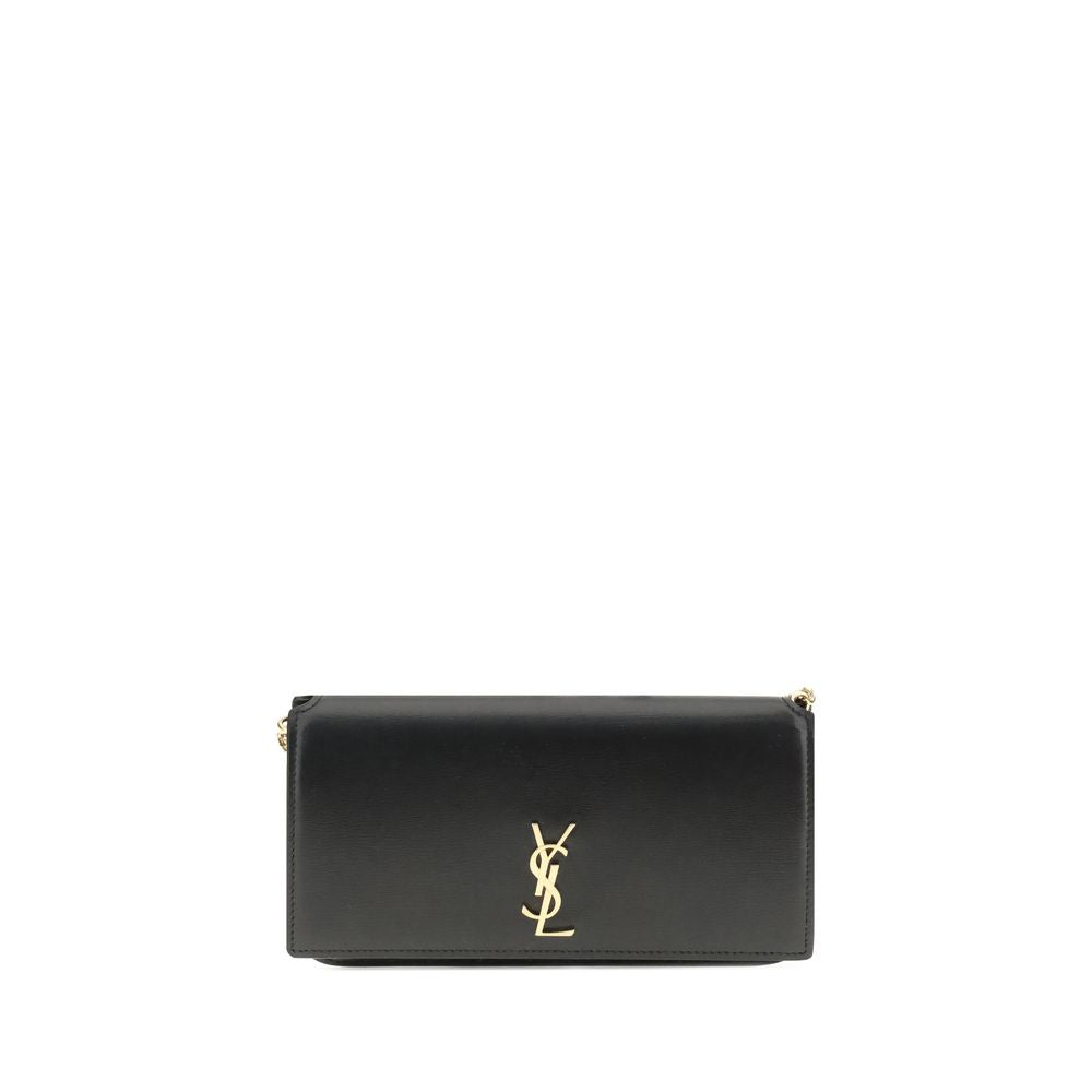 Black Calf Leather Bos Taurus Shoulder BagThe Cassandre Smartphone Case by Saint Laurent is a stylish and functional accessory, featuring a front flap decorated with the iconic YSL initials in gold metal. Equipped with a leather and chain shoulder strap,