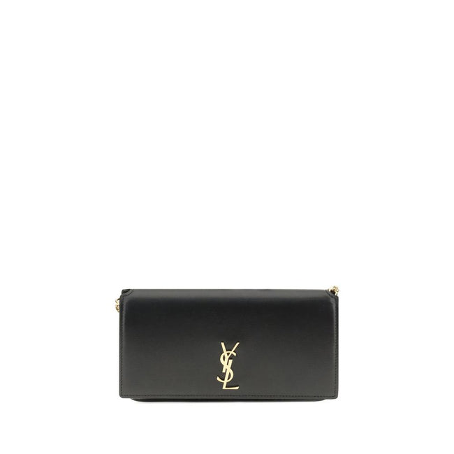 Black Calf Leather Bos Taurus Shoulder BagThe Cassandre Smartphone Case by Saint Laurent is a stylish and functional accessory, featuring a front flap decorated with the iconic YSL initials in gold metal. Equipped with a leather and chain shoulder strap,