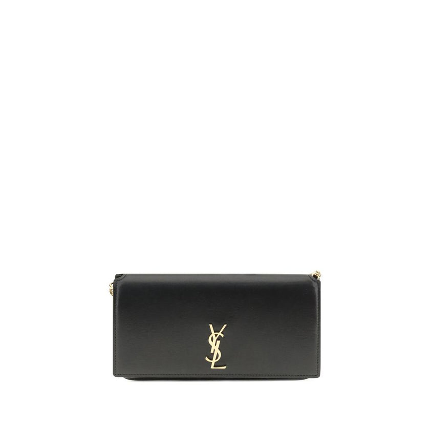Black Calf Leather Bos Taurus Shoulder BagThe Cassandre Smartphone Case by Saint Laurent is a stylish and functional accessory, featuring a front flap decorated with the iconic YSL initials in gold metal. Equipped with a leather and chain shoulder strap,