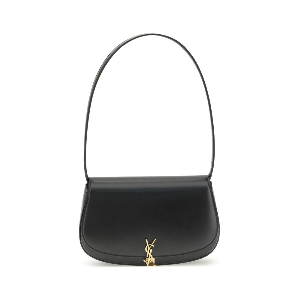 Black Calf Leather Bos Taurus Shoulder BagThe Voltaire mini Shoulder Bag by Saint Laurent is an elegant crescent-shaped bag crafted from calfskin with a lightly polished finish. Bronze-colored metallic parts add a warm, vintage touch, while the Cassandre