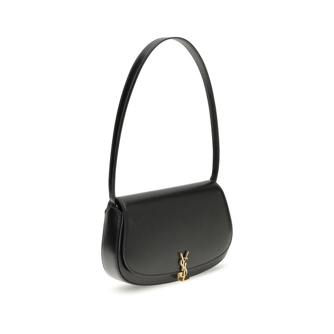 Black Calf Leather Bos Taurus Shoulder BagThe Voltaire mini Shoulder Bag by Saint Laurent is an elegant crescent-shaped bag crafted from calfskin with a lightly polished finish. Bronze-colored metallic parts add a warm, vintage touch, while the Cassandre