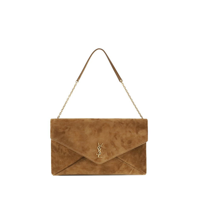 Beige Calf Leather Bos Taurus Shoulder BagThe Cassandre Shoulder Bag by Saint Laurent is an extra-large suede clutch with a sleek and contemporary design. Featuring a stowable cable chain and metallic CASSANDRE decoration, it can be worn on the shoulder o