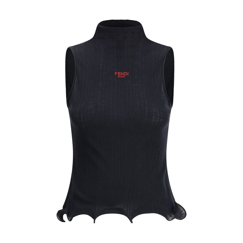 Black Wool TopThe sleeveless Virgin Wool Top by Fendi is a timeless piece that blends refined simplicity with iconic details. Crafted from ribbed Virgin Wool, it features a fitted silhouette with a high neck, enhancing the figure with understated elegance
