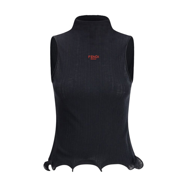 Black Wool TopThe sleeveless Virgin Wool Top by Fendi is a timeless piece that blends refined simplicity with iconic details. Crafted from ribbed Virgin Wool, it features a fitted silhouette with a high neck, enhancing the figure with understated elegance