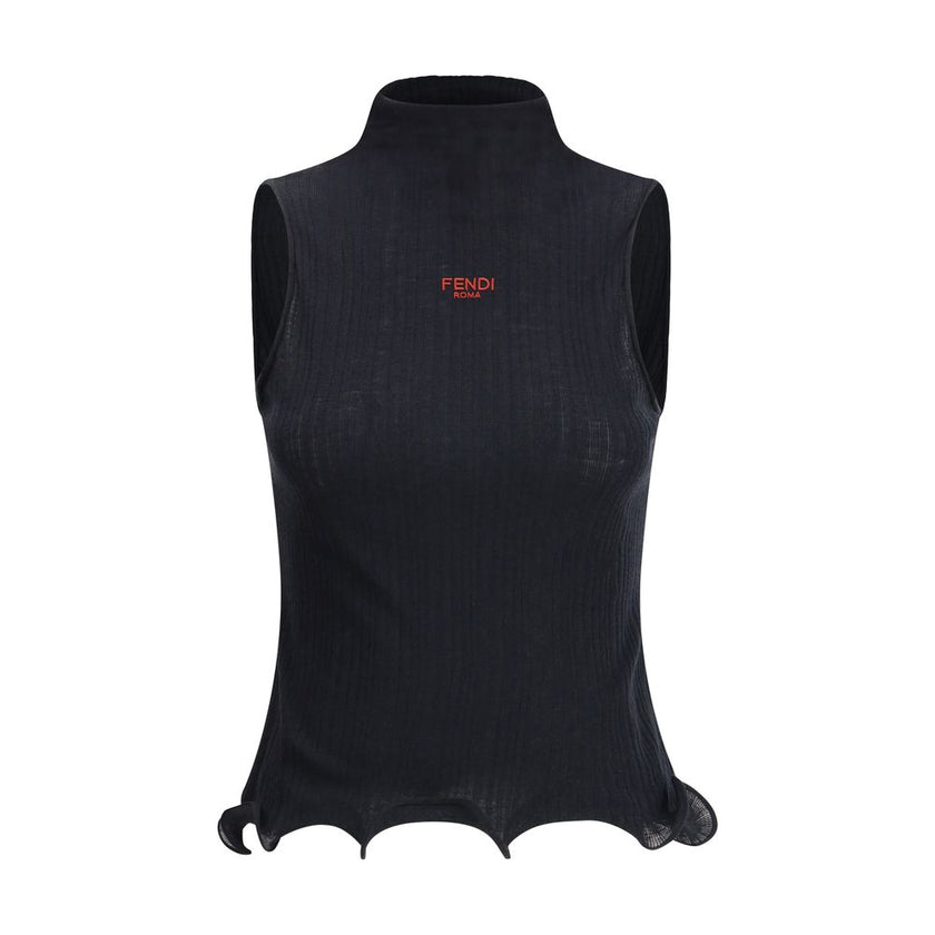 Black Wool TopThe sleeveless Virgin Wool Top by Fendi is a timeless piece that blends refined simplicity with iconic details. Crafted from ribbed Virgin Wool, it features a fitted silhouette with a high neck, enhancing the figure with understated elegance