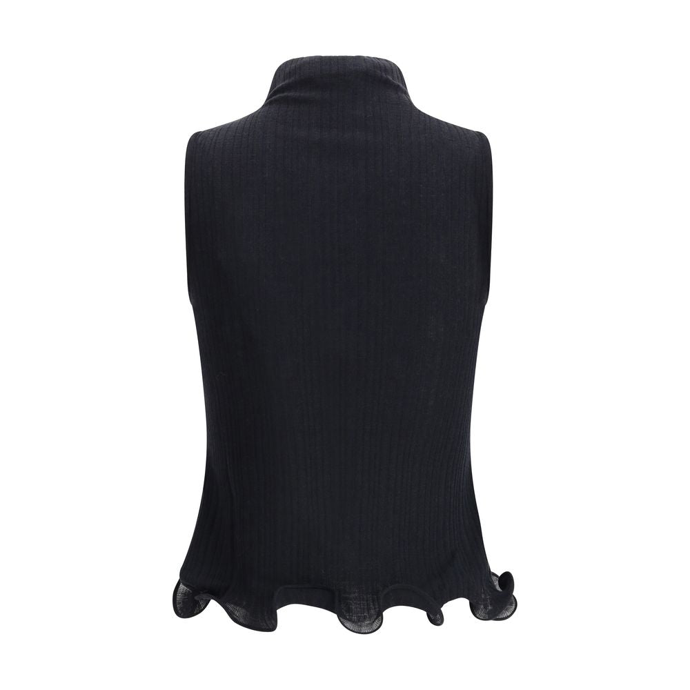 Black Wool TopThe sleeveless Virgin Wool Top by Fendi is a timeless piece that blends refined simplicity with iconic details. Crafted from ribbed Virgin Wool, it features a fitted silhouette with a high neck, enhancing the figure with understated elegance