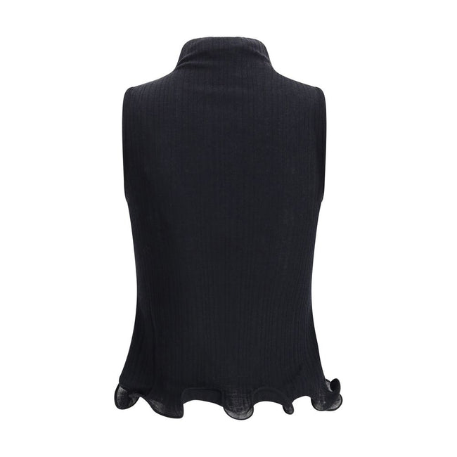 Black Wool TopThe sleeveless Virgin Wool Top by Fendi is a timeless piece that blends refined simplicity with iconic details. Crafted from ribbed Virgin Wool, it features a fitted silhouette with a high neck, enhancing the figure with understated elegance