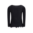 Black Fleece Wool TopThe long-sleeved Virgin Wool top by Fendi is an essential piece that combines refined simplicity with iconic details. Crafted from ribbed virgin wool, it features a fitted cut with a V-neckline, enhancing the silhouette with minimal e